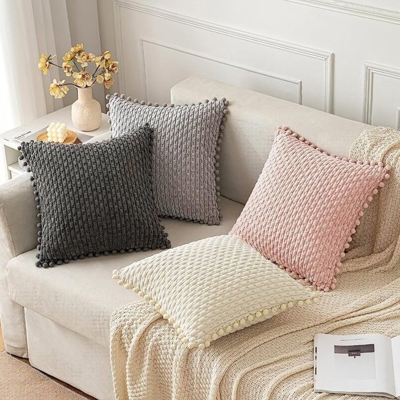 Pompom Tan Stripe Texture Corduroy Farmhouse Cute Luxury Soft Pillow Cover Set - Picture 7 of 7